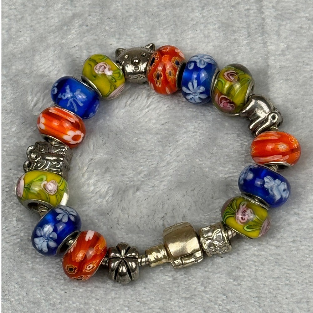 Murano Style Glass Bead Charm‎ Bracelet Floral Animal Cat Elephant 7.5 Inch